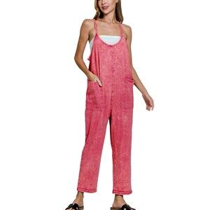 Zenana Harem Jumpsuit Romperalls Hot Pink Mineral Wash Large/XL